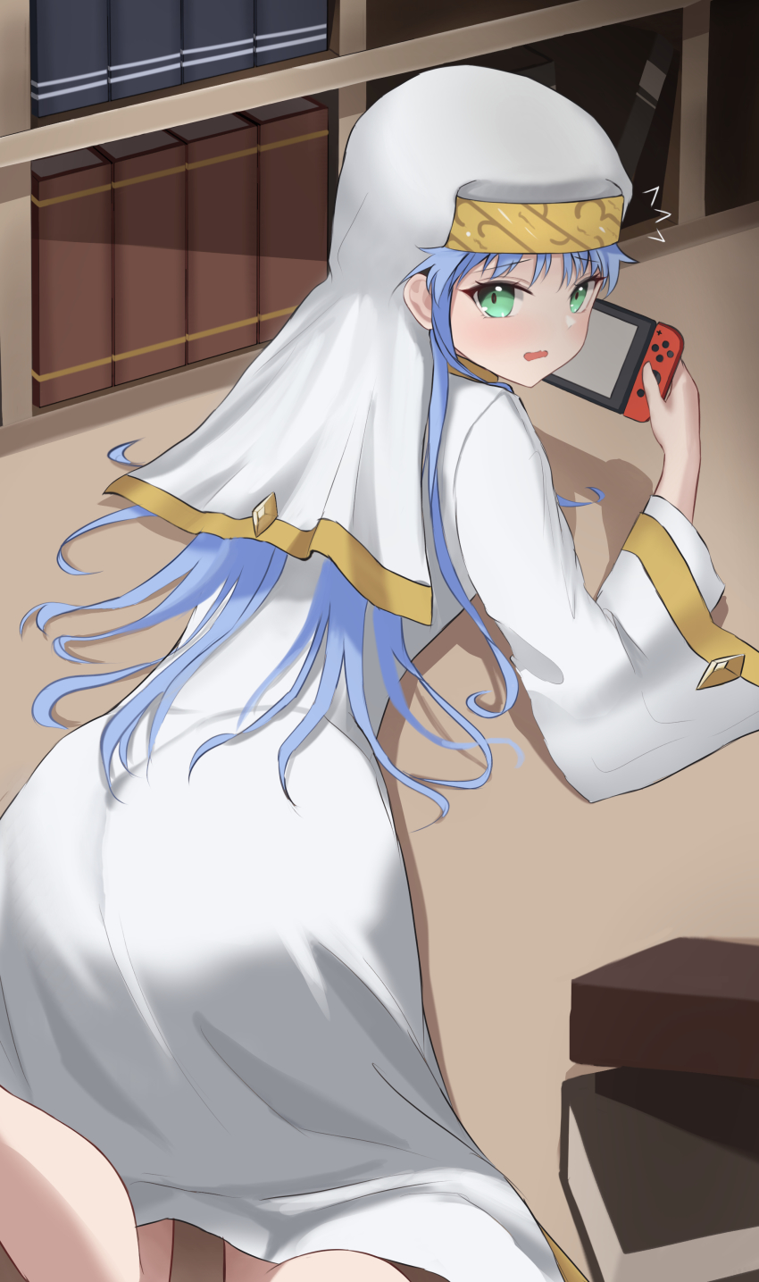 1girl absurdres alternate_hair_color blue_hair dress green_eyes highres index_(toaru_majutsu_no_index) indoors long_hair long_sleeves looking_at_viewer looking_back lying nintendo_switch nun on_stomach open_mouth solo toaru_majutsu_no_index ttusee5 veil very_long_hair white_dress