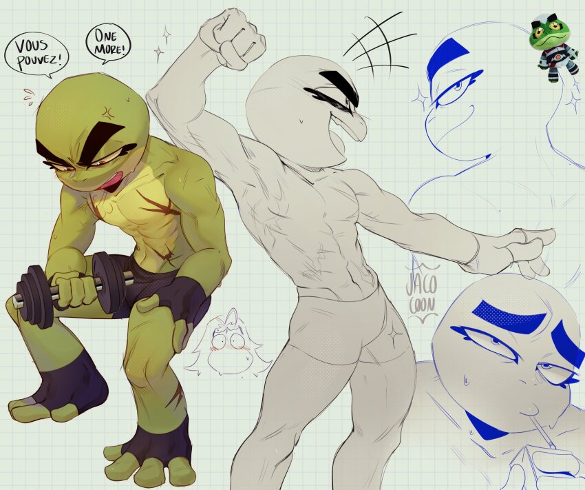 2boys absurdres bald black_male_underwear blush bullfrog_(captain_laserhawk) captain_laserhawk:_a_blood_dragon_remix clenched_hand colored_sclera colored_skin cropped_legs cropped_torso drinking exercising fingerless_gloves flying_sweatdrops from_side gloves green_skin grid_background highres jacocoon juice_box looking_at_viewer looking_down male_focus male_underwear multicolored_skin multiple_boys muscular muscular_male orange_eyes rayman rayman_(series) reference_inset scar shine standing sweat sweatdrop thick_eyebrows toeless_footwear two-tone_skin underwear weight yellow_sclera