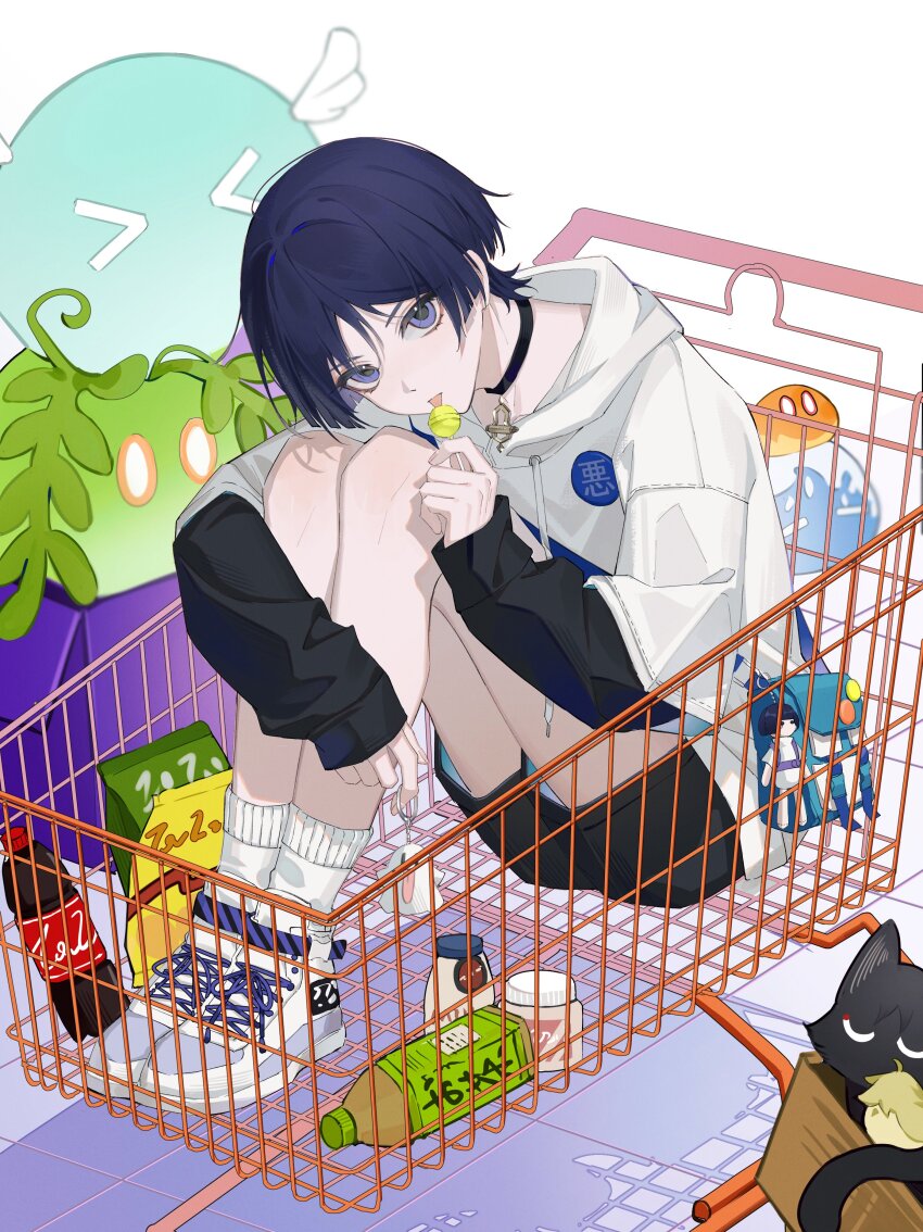 1boy absurdres alternate_costume animalization basket black_cat black_shorts black_sleeves blue_bag blunt_ends bottle box candy casual cat chupa_chups contemporary cross-laced_footwear doll drawstring fingernails food food_wrapper genshin_impact ghost highres holding holding_candy holding_food holding_lollipop hood hood_down hoodie in_shopping_cart layered_sleeves licking_food lollipop long_sleeves looking_at_viewer lower_eyelashes_only male_focus person_and_animalization plastic_bottle purple_eyes purple_hair scaramouche&#039;s_sickly_friend_(genshin_impact) scaramouche_(cat)_(genshin_impact) scaramouche_(genshin_impact) shopping_cart shorts sitting slime_(genshin_impact) socks solo stuffed_toy tongue tongue_out white_background white_footwear white_hood white_hoodie white_sleeves white_socks xingxing_mei