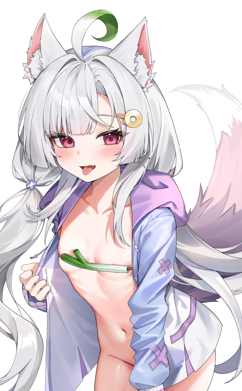 absurdres animal_ears bottomless breasts bu_leike fang food-themed_clothes fox_ears fox_girl fox_tail green_hair grey_hair highres hood hood_down hoodie indie_virtual_youtuber kamonegi_(vtuber) long_hair long_sleeves looking_at_viewer low_twintails multicolored_hair navel open_clothes open_hoodie skin_fang small_breasts spring_onion stomach tail tongue tongue_out twintails two-tone_hair virtual_youtuber white_hair