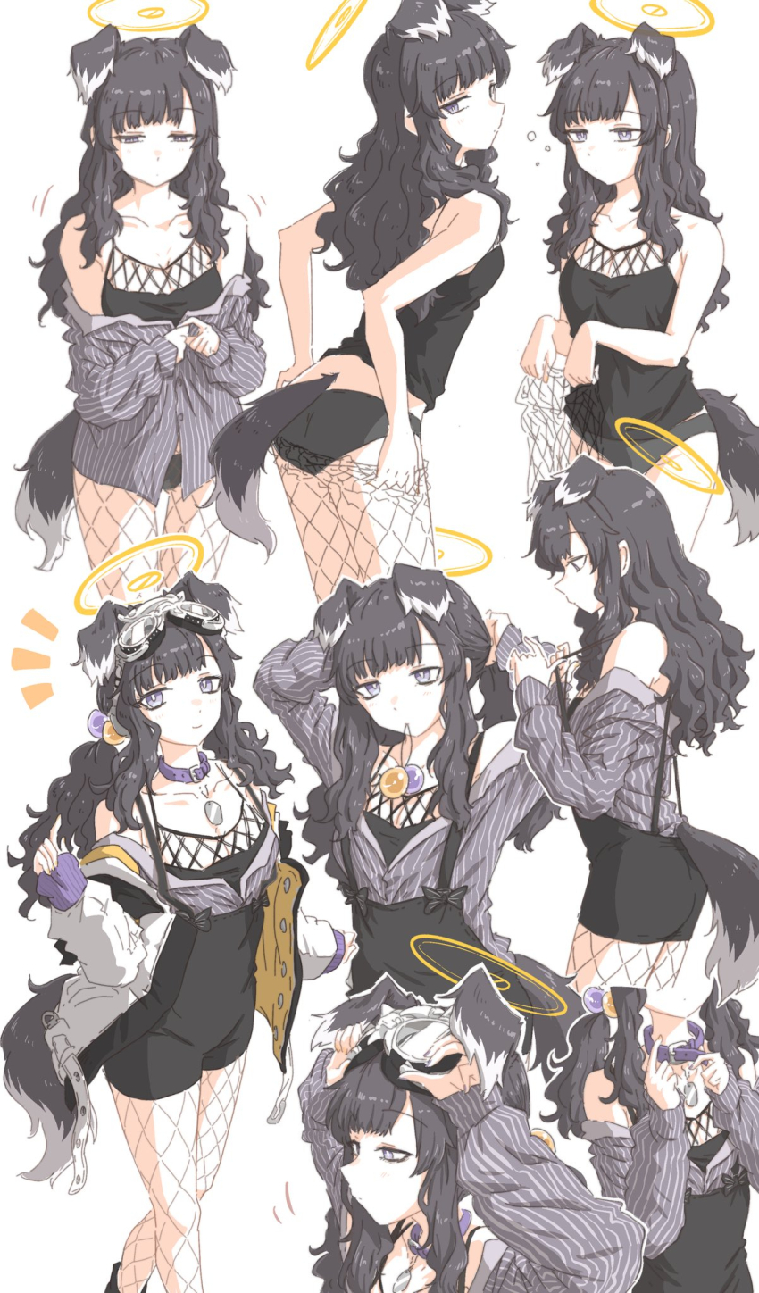 1girl alternate_hairstyle animal_collar animal_ears arms_behind_head bags_under_eyes black_hair black_overalls black_panties black_tank_top blue_archive breasts bright_pupils cleavage collar collarbone collared_shirt commentary_request dog_ears dog_girl dog_tail dressing fishnets goggles goggles_on_head grey_background grey_eyes grey_shirt hair_bobbles hair_focus hair_ornament halo hand_in_own_hair hands_in_hair hariyaa hibiki_(blue_archive) highres holding holding_own_hair jacket long_hair long_sleeves low_twintails medium_breasts multicolored_hair_bobbles multiple_views off_shoulder overalls panties purple_collar shirt simple_background striped_clothes striped_shirt tail tank_top twintails tying_hair underwear wavy_hair white_jacket white_pupils
