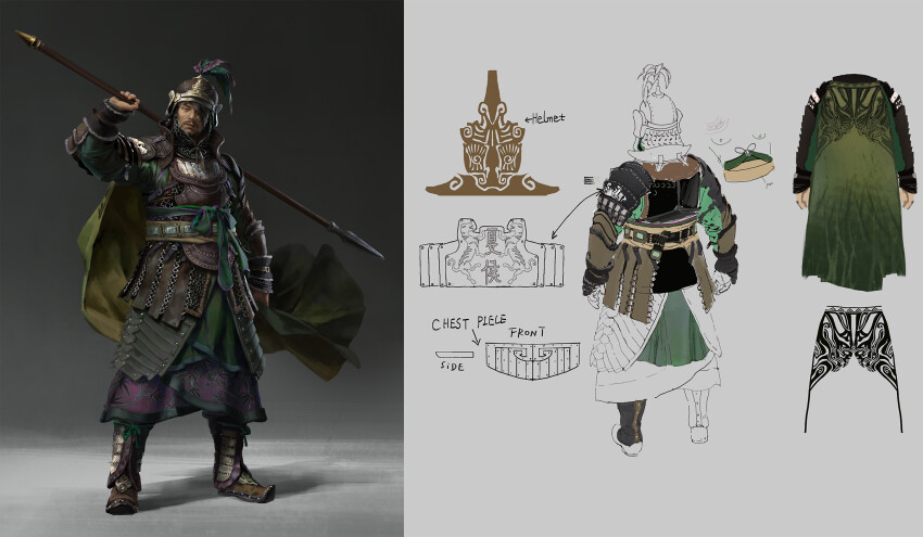 arm_up armor armored_boots boots cape chinese_armor chinese_empire coif english_text eyepatch facial_hair full_body gauntlets green_cape green_sash han_dynasty helmet highres holding holding_polearm holding_weapon leather_armor looking_at_viewer lulu_zhang mustache over_shoulder polearm reference_sheet romance_of_the_three_kingdoms sash shoulder_armor standing total_war total_war:_three_kingdoms weapon weapon_over_shoulder xiahou_dun