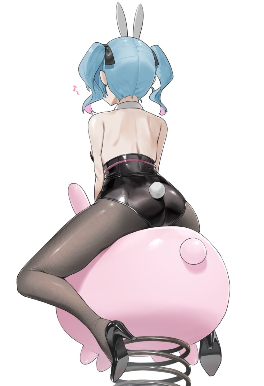 1girl animal_ears bare_shoulders black_leotard black_pantyhose black_shoes blue_hair fake_animal_ears fake_tail from_behind hakai_orz hatsune_miku high_heels highres leotard pantyhose playboy_bunny rabbit_ears rabbit_hole_(vocaloid) rabbit_tail riding shoes short_twintails simple_background solo spring_rider strapless strapless_leotard tail twintails vocaloid white_background