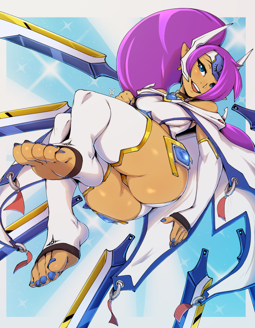 1girl absurdres alternate_costume ass avante92 blazblue blazblue:_continuum_shift blue_eyes blue_nails breasts cosplay dark-skinned_female dark_skin feet female_focus highres huge_ass legs mu-12 mu-12_(cosplay) nail_polish ponytail purple_hair shantae shantae_(series) solo thick_thighs thighhighs thighs toeless_legwear toenail_polish toenails toes voice_actor_connection wide_hips