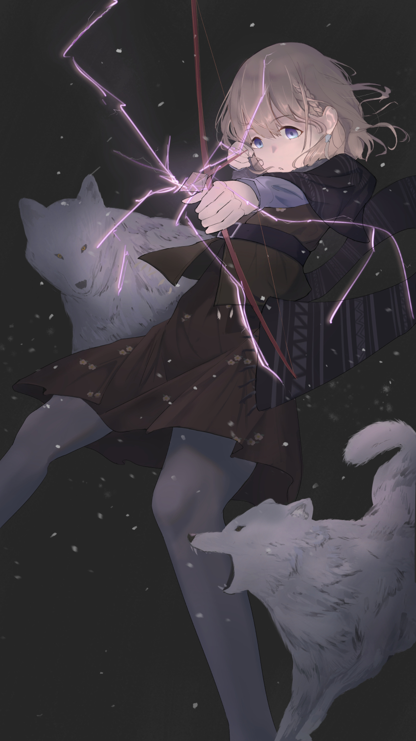 1girl absurdres arrow_(projectile) blonde_hair blue_eyes bow_(weapon) brown_capelet brown_shirt brown_skirt capelet closed_mouth hair_between_eyes highres holding holding_arrow holding_bow_(weapon) holding_weapon idolmaster idolmaster_shiny_colors long_hair looking_to_the_side nekoplanetouo pantyhose serizawa_asahi shaded_face shirt sidelocks skirt weapon white_pantyhose wolf