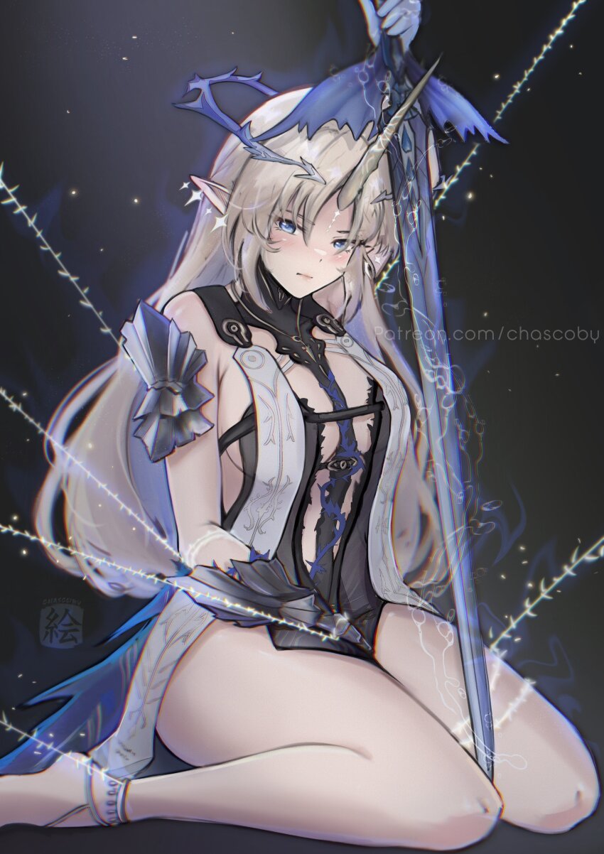 1girl absurdres artist_name black_background black_gloves blush breasts chascoby crown_of_thorns eyebrows_hidden_by_hair eyes_visible_through_hair fleurdelys_(wuthering_waves) gloves highres holding holding_sword holding_weapon horns huge_weapon large_breasts long_hair looking_at_viewer pointy_ears seiza sideboob single_horn sitting solo sword thighs thorns very_long_hair weapon wuthering_waves