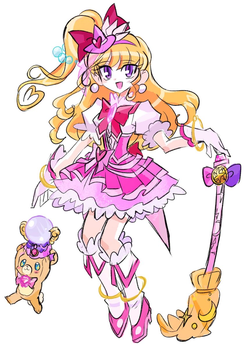 :d asahina_mirai bear blonde_hair bow cure_miracle diamond_brooch gloves hat highres jewelry long_hair magical_girl mahou_girls_precure! mini_hat mini_witch_hat mofurun_(mahou_girls_precure!) open_mouth precure purple_eyes rakugaki_shitagari-ya smile star_(symbol) star_in_eye symbol_in_eye witch_hat