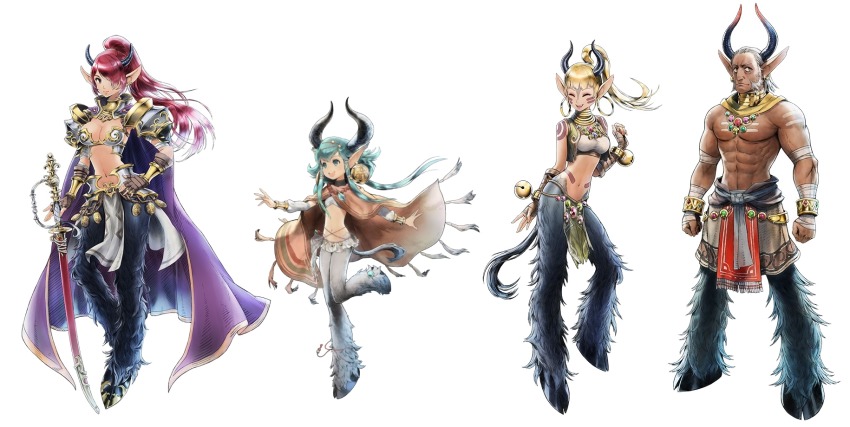 1boy 3girls aht armor blonde_hair blue_hair bodypaint breasts cape cleavage hair_over_one_eye highres horns liese_(radiant_historia) long_hair monster_girl multiple_girls muscular navel official_art pointy_ears ponytail radiant_historia red_hair sword vanoss weapon white_hair