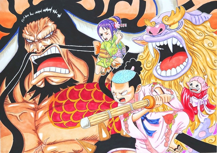 2boys 2girls absurdres animal beard black_hair facial_hair fangs full_body hair_ornament high_ponytail highres holding holding_weapon horns japanese_clothes kaidou_(one_piece) komachiyo kouzuki_momonosuke kurozumi_tama long_hair mane multiple_boys multiple_girls muscular muscular_male mustache one_eye_closed one_piece oni oni_horns open_mouth pink_hair ponytail purple_hair scar short_hair smile toko_(one_piece) weapon yuichi_(fanghart)