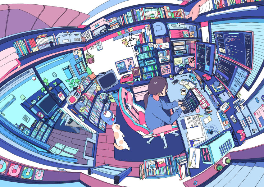 1girl akabane_1999 animal book bookshelf brown_hair cat chair clock clothes_hanger computer computer_keyboard computer_mouse container crt cup desk fisheye gaming_chair highres indoors laptop loaded_interior long_hair long_sleeves monitor mug notebook notepad original pen pencil phone plant ponytail potted_plant rug scenery shelf shirt shorts sitting slice_of_life solo stuffed_animal stuffed_toy swivel_chair television wide_shot window window_blinds