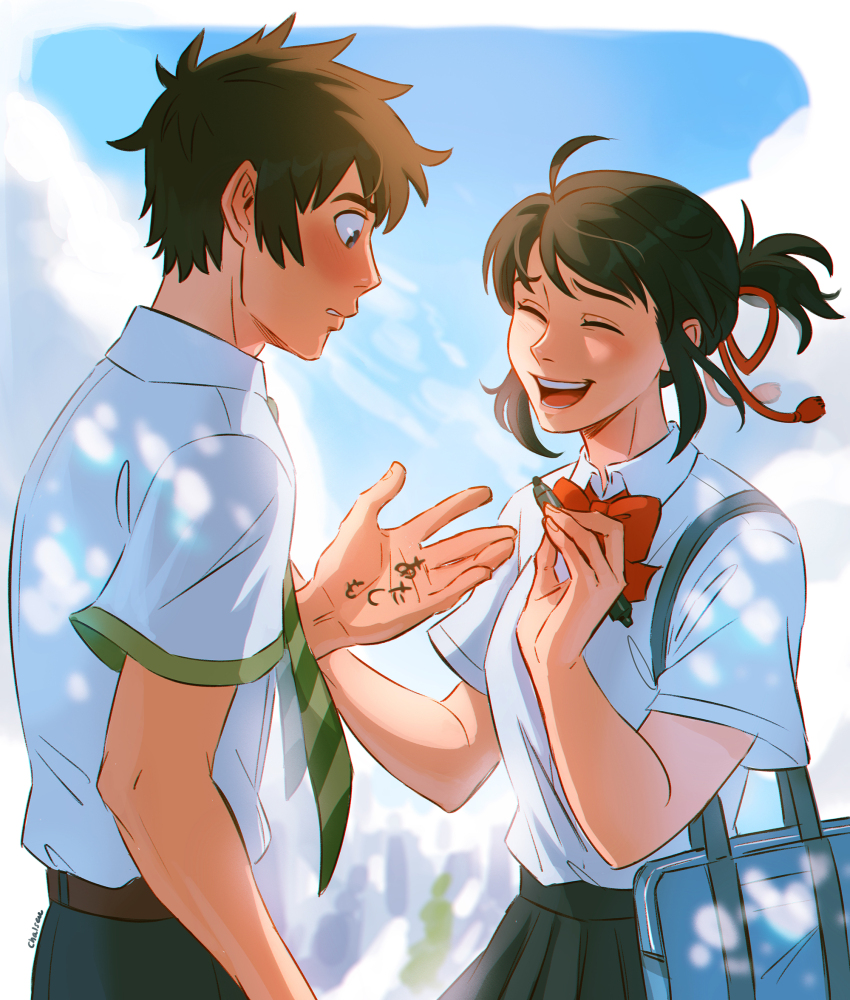 1boy 1girl ahoge artist_name bag black_eyes blush bow bowtie brown_hair chalseu commentary diagonal-striped_clothes diagonal-striped_necktie green_necktie highres holding holding_marker kimi_no_na_wa. marker miyamizu_mitsuha necktie open_mouth ponytail red_bow red_bowtie school_bag school_uniform short_ponytail sidelocks signature smile striped_clothes tachibana_taki translation_request