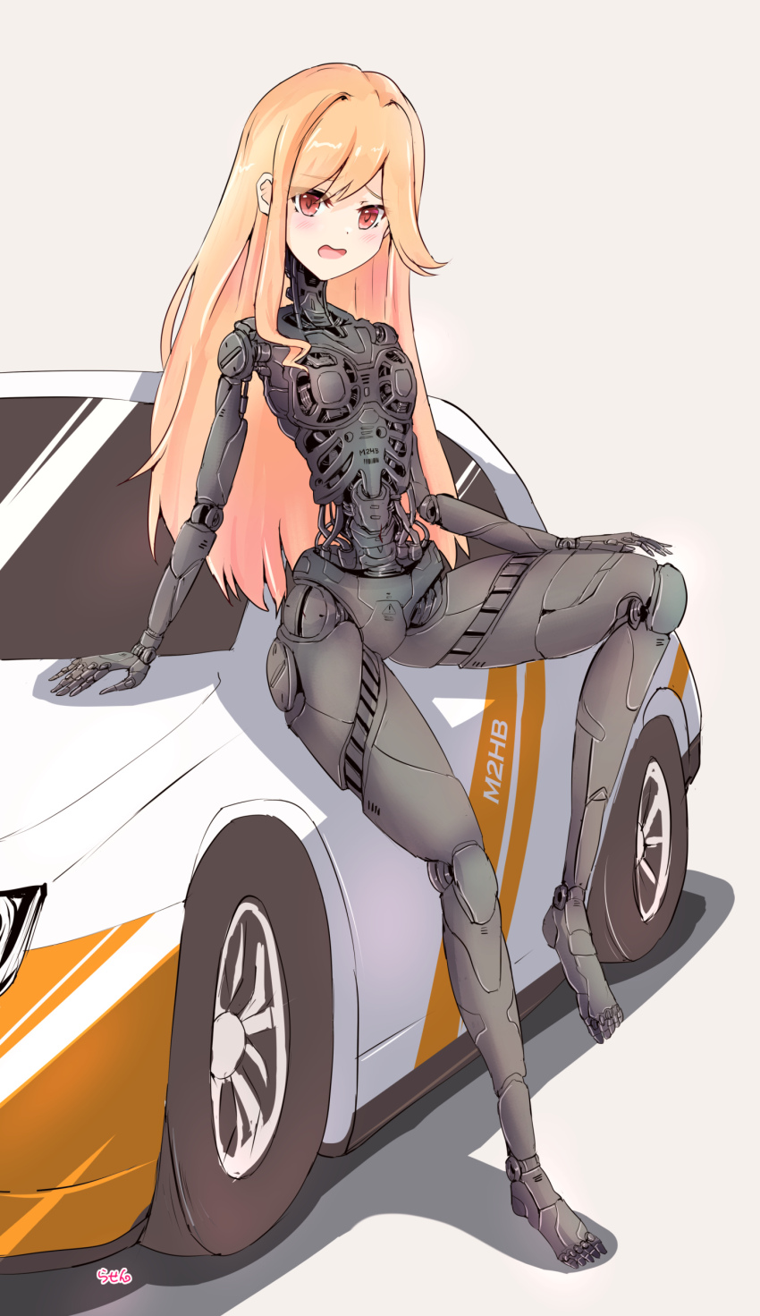 1girl absurdres blonde_hair car embarrassed full_body girls&#039;_frontline grey_background highres long_hair m2hb_(cheers_on_the_blazing_tarmac)_(girls&#039;_frontline) m2hb_(girls&#039;_frontline) mechabare motor_vehicle no_skin on_car on_vehicle open_mouth race_queen rasen_manga red_eyes solo