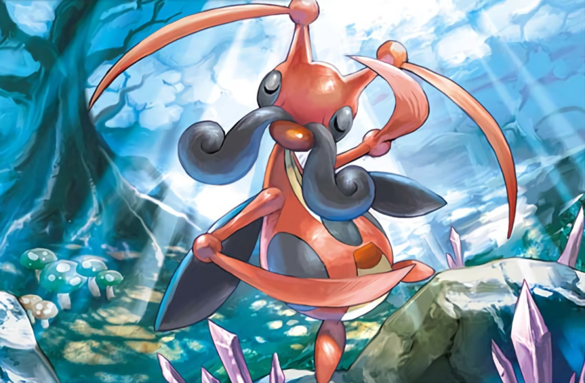 anesaki_dynamic bare_tree closed_eyes cloud cloudy_sky creature dancing day facial_hair facing_viewer gen_4_pokemon kricketune mushroom mustache nintendo no_humans official_art outdoors pokemon pokemon_(creature) pokemon_tcg rock sky solo sunlight third-party_source tree
