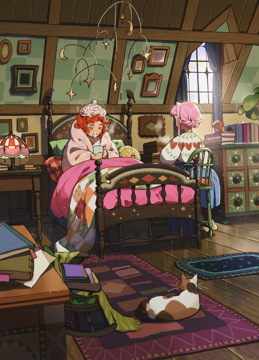 2girls bedroom blanket blue_skirt book book_stack border calico_cat carol_cao chair chest_of_drawers commentary crescent cup curtains day facing_another frills green_shawl highres holding holding_cup ice_pack indoors lamp looking_at_another medium_hair mobile multiple_girls nape_braid nightstand nose_bubble on_bed on_chair original picture_frame pillow pink_hair pinstripe_pattern pinstripe_shirt quilt red_hair reflective_floor rocking_chair rug shirt sick sidelocks skirt star_(symbol) steam sunlight sweater symbol-only_commentary two-handed under_covers wavy_hair white_sweater wooden_floor wrapped_in_blanket