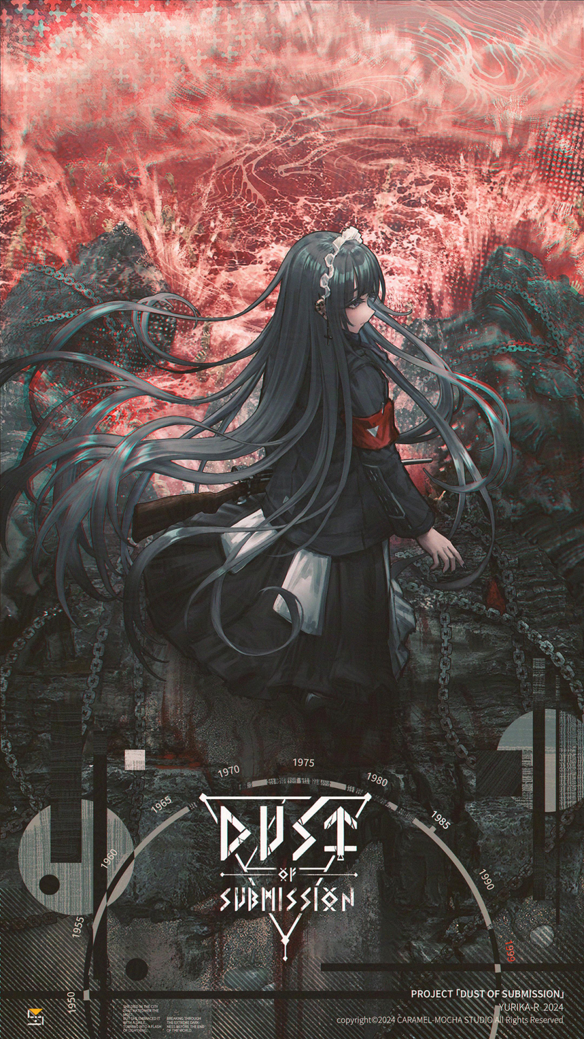 1girl armband black_eyes black_hair black_jacket black_nails black_skirt chain closed_mouth commentary_request ear_piercing earrings english_text floating_hair gun highres holding holding_gun holding_weapon inverted_cross_earrings jacket jewelry long_hair long_sleeves nail_polish ocean original piercing red_water scope sidelocks skirt solo very_long_hair weapon yurika-r