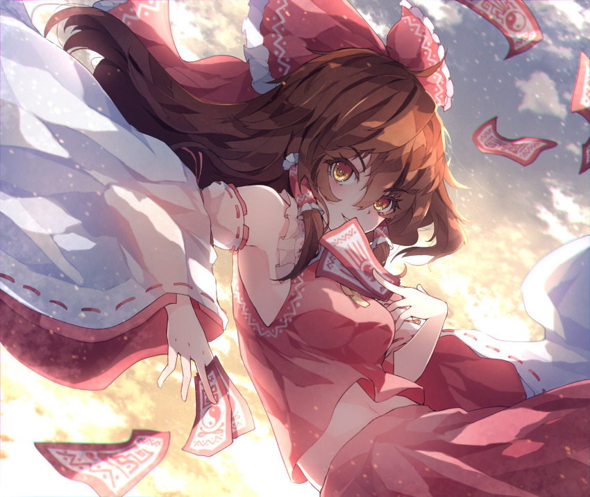1girl armpits ascot bare_shoulders between_fingers blue_sky blush bow breasts brown_eyes brown_hair chiroru_(cheese-roll) closed_mouth cloud cloudy_sky collar collared_shirt commentary detached_sleeves flying frilled_bow frilled_hair_tubes frilled_shirt_collar frills gradient_sky hair_between_eyes hair_bow hair_ornament hair_tubes hakurei_reimu hands_up highres holding long_hair long_sleeves looking_at_viewer medium_breasts navel ofuda ofuda_between_fingers red_bow red_shirt red_skirt ribbon-trimmed_sleeves ribbon_trim shadow shirt skirt sky sleeveless sleeveless_shirt smile solo sunlight teeth touhou white_sleeves wide_sleeves yellow_ascot yellow_eyes yellow_sky yin_yang