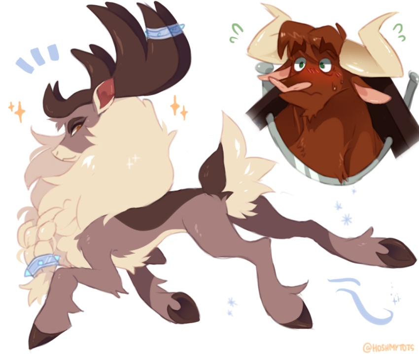 2boys animal_ears antlers blush braid commentary cow cow_boy cow_ears cow_horns deer deer_antlers deer_boy deer_tail english_commentary flying_sweatdrops furry furry_male hooves horns hoshposh male_focus multiple_boys notice_lines smile snowflakes sparkle stronghoof_(them&#039;s_fightin&#039;_herds) sweat tail texas_(them&#039;s_fightin&#039;_herds) them&#039;s_fightin&#039;_herds twitter_username wavy_mouth white_background
