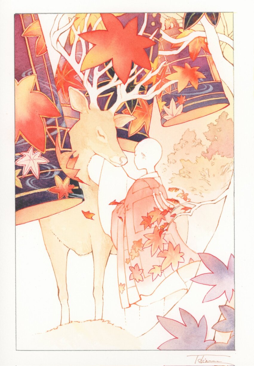 1girl animal antlers autumn autumn_leaves bald bald_female bell border buddhist_nun card_(medium) closed_eyes commentary deer falling_leaves hanafuda highres horns kesa leaf maple_leaf original painting_(medium) robe s.tokimura signature solo standing traditional_media tree watercolor_(medium) white_border white_robe
