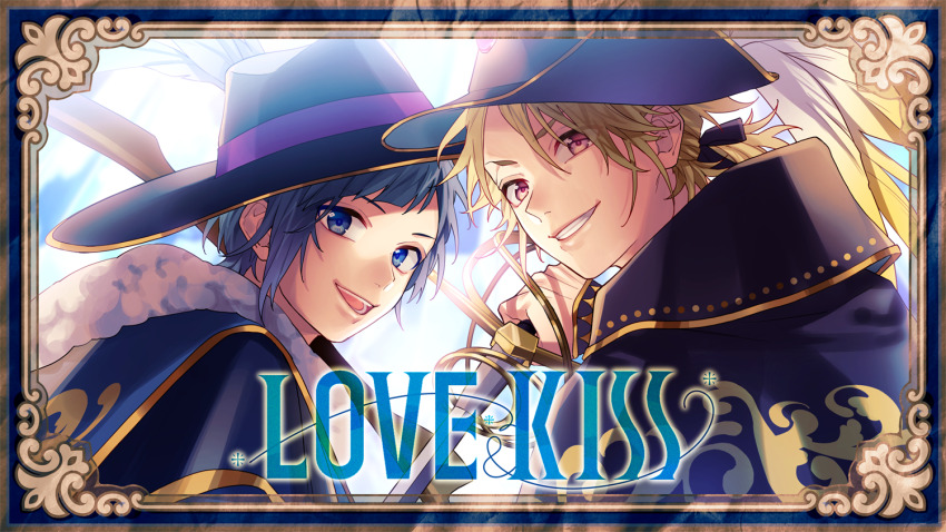 2boys blonde_hair blue_border blue_cloak blue_eyes blue_headwear border brown_border cloak commentary_request cross english_text hat holding holding_sword holding_weapon idol kokuhaku_jikkou_iinkai looking_at_viewer male_focus multicolored_border multiple_boys open_mouth ornate_border pink_lips ponytail shibasaki_aizou short_hair short_ponytail someya_yuujirou sword teeth upper_body weapon yamako_(state_of_children)