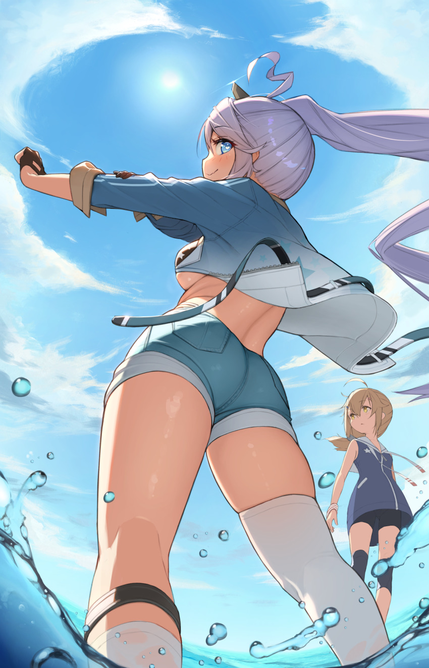 2girls ahoge asymmetrical_legwear azur_lane bike_shorts bikini black_bikini blonde_hair blue_track_suit dark-skinned_female dark_skin denim denim_jacket denim_shorts fingerless_gloves from_behind from_below gloves half_gloves hand_up heart heart-shaped_pupils heart_ahoge highres holding_own_arm jacket knee_pads looking_at_viewer maury_(azur_lane) mismatched_legwear multiple_girls portland_(azur_lane) sailor_collar shirt short_shorts shorts side_ponytail sleeveless sleeveless_shirt smile star_(symbol) star_print swimsuit symbol-shaped_pupils thighhighs track_suit white_sailor_collar white_thighhighs wristband yohia
