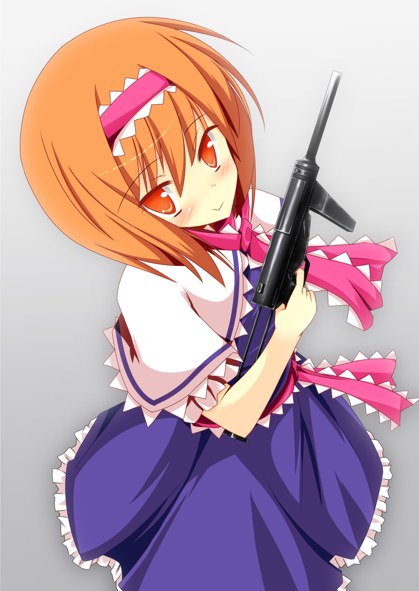 1girl absurdres alice_margatroid blue_dress blush capelet closed_mouth commentary_request cookie_(touhou) dress frilled_capelet frilled_dress frilled_neckwear frilled_sash frills full_body gun hair_between_eyes highres hinase_(cookie) holding holding_gun holding_weapon looking_at_viewer machine_pistol necktie orange_eyes orange_hair pink_necktie pink_sash sash short_hair smile solo szk touhou weapon white_capelet