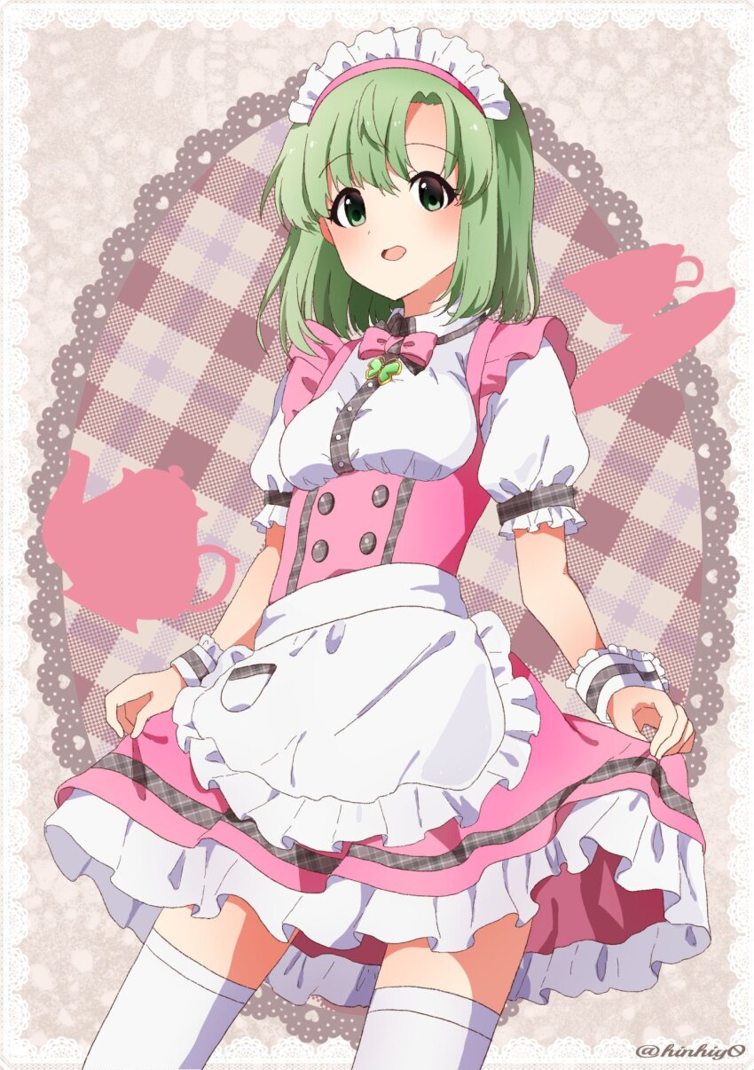 1girl apron bow bowtie breasts butterfly_ornament cowboy_shot cup curtsey dot_nose dress forehead frilled_apron frilled_skirt frills green_eyes green_hair highres hikono idolmaster idolmaster_(classic) idolmaster_million_live! idolmaster_million_live!_theater_days idolmaster_starlit_season idolmaster_stella_stage maid_headdress medium_breasts medium_hair official_alternate_costume open_mouth parted_bangs pink_bow pink_bowtie pink_dress plaid_background pretty_waitress_(idolmaster) puffy_short_sleeves puffy_sleeves shiika_(idolmaster) shirt short_sleeves sidelocks skirt solo standing straight_hair teacup teapot thighhighs twitter_username waist_apron waitress white_apron white_shirt white_thighhighs wrist_cuffs zettai_ryouiki