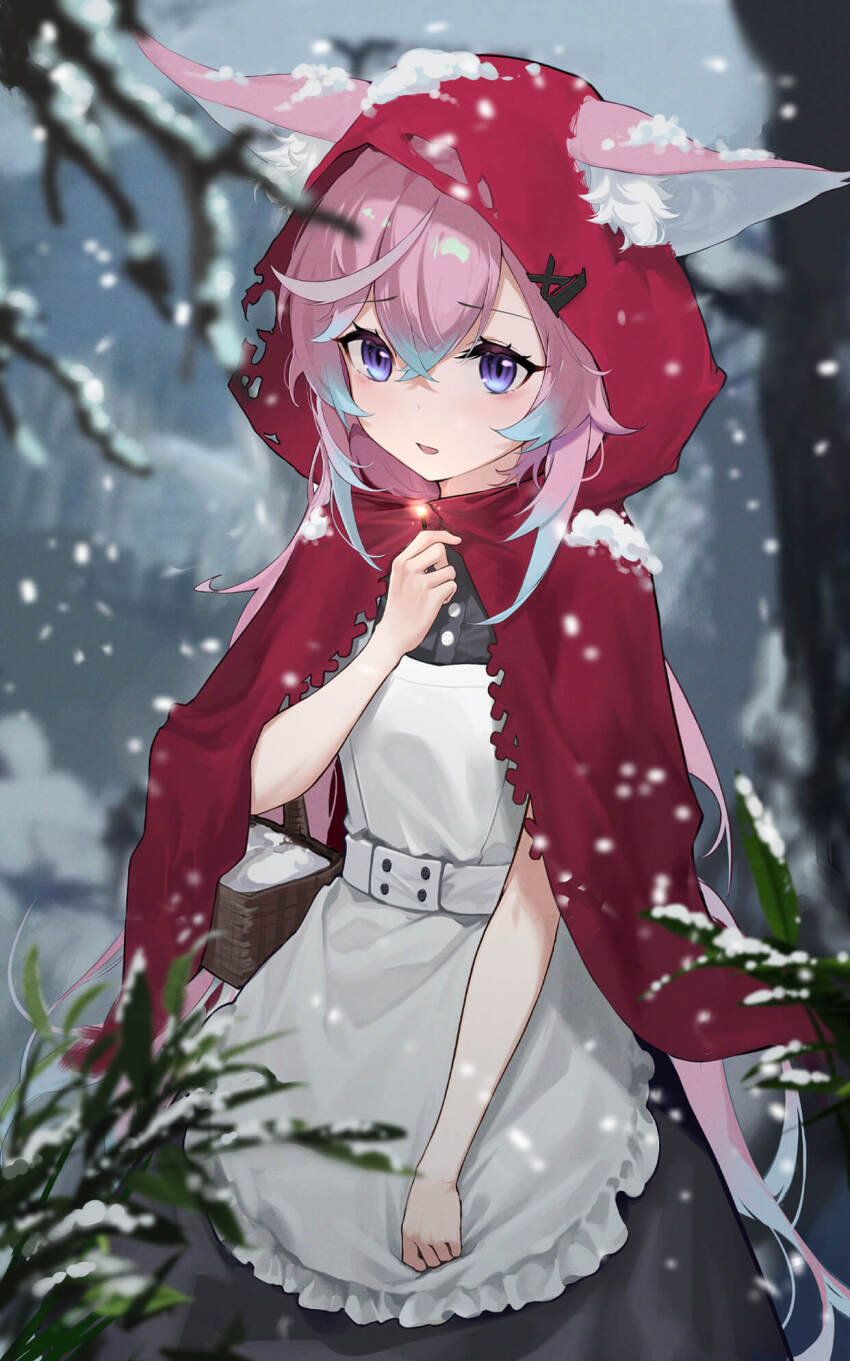 1girl animal_ears apron bad_source black_dress blurry blush cloak depth_of_field dress ears_through_headwear fox_ears fox_girl frilled_apron frills gradient_hair hair_between_eyes highres hood hood_up hooded_cloak indie_virtual_youtuber long_bangs long_hair looking_at_viewer maid_apron multicolored_hair nature official_art open_mouth outdoors pink_hair purple_eyes red_cloak sidelocks snow snowing solo standing teletha_(vtuber) tree upper_body virtual_youtuber white_apron