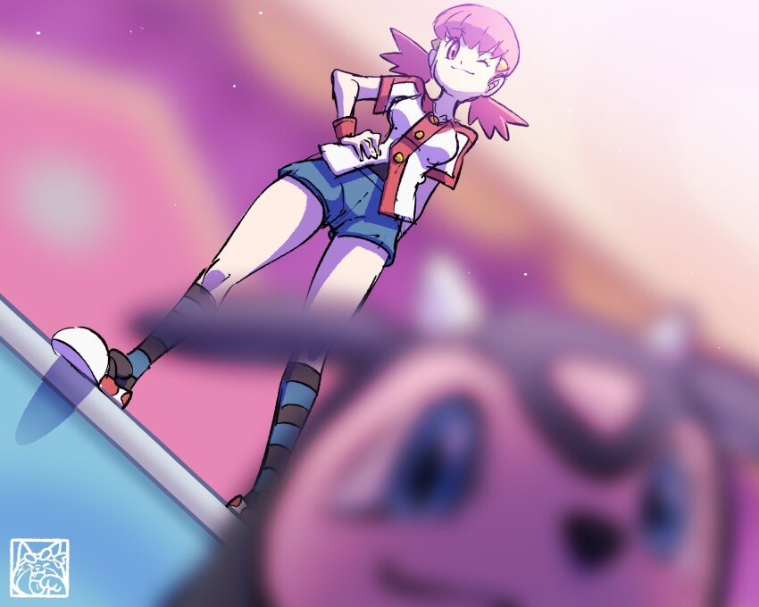 1girl ;) blue_shorts blurry blurry_foreground closed_mouth full_body gen_2_pokemon hair_ornament hairclip hand_on_own_hip highres kyonart looking_at_viewer miltank nintendo one_eye_closed pink_eyes pink_hair pokemon pokemon_(creature) pokemon_hgss shirt short_shorts shorts smile socks striped_clothes striped_socks twintails white_shirt whitney_(pokemon)