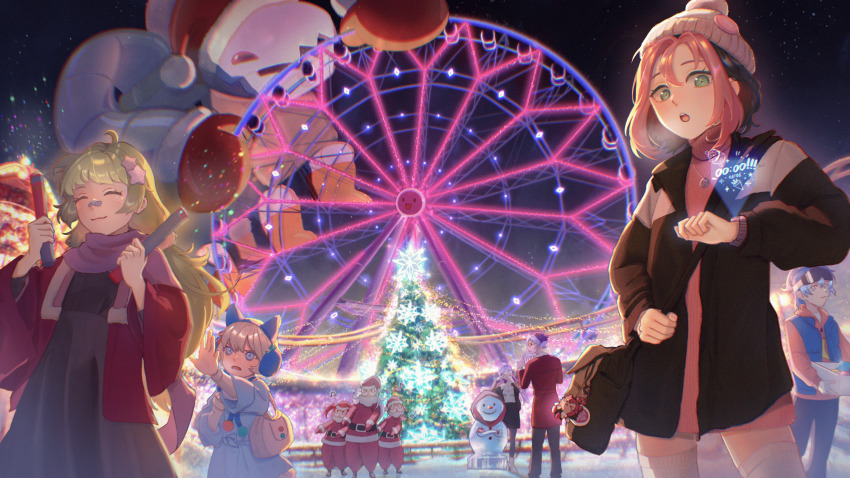 2boys 6+girls :3 ^_^ ahoge aiko_(osu!) alisa_(osu!) bag bandaid bandaid_on_face bandaid_on_nose beanie black_bag black_dress black_hair black_jacket black_pants black_pantyhose black_skirt blue_dress blue_eyes blue_hair blue_vest brother_and_sister character_charm character_snowman charm_(object) chirou_(osu!) christmas_tree closed_eyes closed_mouth cowboy_shot dean_&quot;peppy&quot;_herbert dress earmuffs ferris_wheel green_eyes green_hair grey_hair hair_between_eyes hair_intakes hat highres holding holding_strap holographic_interface jacket light_blue_hair long_hair long_sleeves looking_at_another looking_at_watch mani_(osu!) mari_(osu!) mewpt miniskirt mittens mocha_(osu!) multicolored_hair multiple_boys multiple_girls night night_sky open_clothes open_jacket open_mouth open_vest osu! outdoors pants pantyhose pink_hair pink_sweater pippi_(osu!) pom_pom_(clothes) pom_pom_beanie red_hair red_jacket red_mittens santa_costume santa_hat science_fiction second-party_source short_dress short_hair shoulder_bag siblings skirt sky smile snow snowman sweater sweater_dress taikonator_(osu!) tama_(osu!) teeth thighhighs turtleneck turtleneck_sweater twins two-tone_hair upper_teeth_only vest watch white_hat white_thighhighs winter wristwatch yuzu_(osu!) zettai_ryouiki