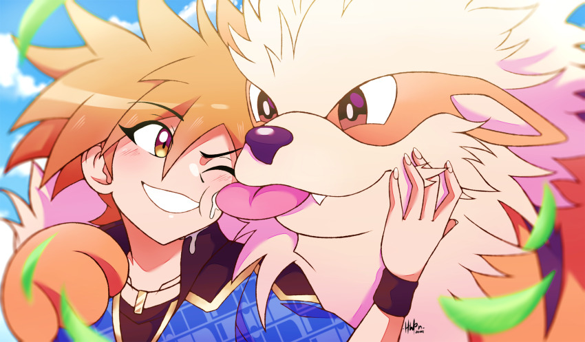 1boy affectionate arcanine blonde_hair blue_jacket blue_oak blue_oak_(sygna_suit) blurry blush brown_eyes cloud commentary_request day depth_of_field falling_leaves gen_1_pokemon grin hand_up highres inglebard jacket jewelry leaf licking licking_another&#039;s_face male_focus necklace nintendo official_alternate_costume outdoors pokemon pokemon_masters_ex shirt short_hair sky smile spiked_hair teeth upper_body wristband