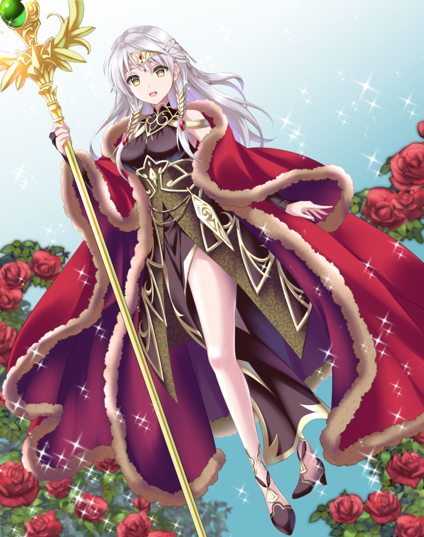 1girl :d bare_legs bare_shoulders black_dress black_gloves bridal_gauntlets circlet coat dress earrings fire_emblem fire_emblem:_radiant_dawn fire_emblem_cipher fire_emblem_heroes flower full_body gloves gradient_background grey_hair half_updo high_heels highres holding holding_staff jewelry kakiko210 long_hair looking_at_viewer micaiah_(fire_emblem) micaiah_(radiant_queen)_(fire_emblem) nintendo official_alternate_costume open_mouth red_coat red_flower rose side_slit simple_background sleeveless sleeveless_dress smile solo staff star_(symbol) yellow_eyes