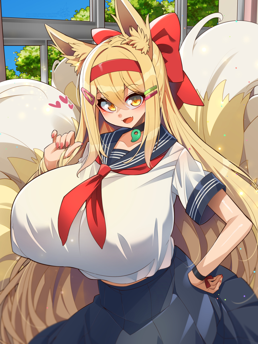 1girl animal_ear_fluff animal_ears black_choker blonde_hair blue_skirt blue_sky blush bow breasts choker choker_jewel commentary_request fox_ears fox_girl fox_tail hair_between_eyes hair_ornament hairband hairclip heart highres hirume_of_heavenly_incense holding holding_own_hair huge_breasts indoors kitsune last_origin long_hair looking_at_viewer magatama multiple_tails neckerchief official_alternate_costume open_mouth red_bow red_hairband red_neckerchief school_uniform serafuku shirt skirt sky solo standing tail umigarasu_(kitsune1963) very_long_hair white_serafuku white_shirt yellow_eyes
