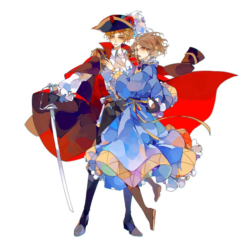 2boys aged_down axis_powers_hetalia blue_robe boots coat coat_on_shoulders cyuer11 france_(hetalia) full_body hat highres holding holding_sword holding_weapon looking_at_viewer male_focus multiple_boys pants pirate pirate_hat plume red_coat robe shirt simple_background standing sword united_kingdom_(hetalia) weapon white_background white_shirt