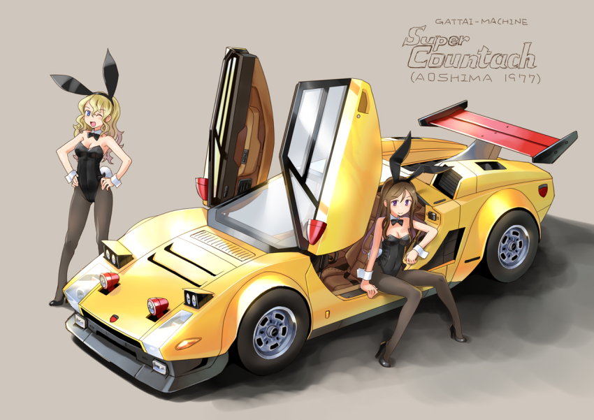 2girls animal_ears black_leggings black_leotard black_neckwear blonde_hair blue_eyes bow bowtie brown_hair car clenched_hand detached_collar gattai_plamodel_countach katahira_masashi lamborghini lamborghini_countach leggings leotard motor_vehicle multiple_girls one_eye_closed open_door open_mouth pantyhose playboy_bunny purple_eyes rabbit_ears smile spoiler_(automobile) vehicle_focus wrist_cuffs