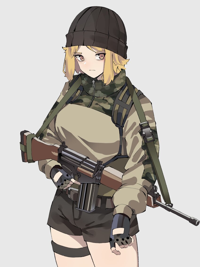1girl absurdres bags_under_eyes battle_rifle beanie black_gloves black_shorts blonde_hair breasts brown_eyes chest_rig closed_mouth fingerless_gloves fn_fal gar32 gloves gun gun_sling hat highres holding holding_weapon large_breasts long_sleeves medium_hair original rifle shorts solo thigh_strap trigger_discipline weapon