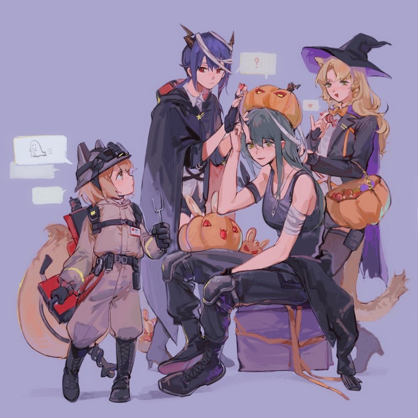 4girls ? alternate_costume animal_ears arknights bad_id bad_twitter_id bandaged_arm bandages black_cloak black_footwear black_gloves black_jacket black_pants black_shorts black_tank_top blonde_hair blue_hair blush boots bow bowtie breasts brown_hair bucket candy cape ch&#039;en_(arknights) cloak closed_mouth clothes_around_waist collared_shirt commentary cross-laced_footwear drill_hair english_commentary facial_scar fingerless_gloves food full_body ghostbusters gloves green_eyes green_hair hair_between_eyes halloween halloween_costume hat heart helmet highres holding holding_bucket holding_candy holding_food horns hoshiguma_(arknights) jack-o&#039;-lantern jacket jacket_around_waist jewelry knee_pads long_hair looking_at_another medium_breasts medium_hair mining_helmet multiple_girls necklace official_alternate_costume open_mouth orange_neckwear otammato pants ponytail pumpkin_hat purple_background purple_cape red_eyes scar scar_on_cheek scar_on_face shaw_(arknights) shaw_(cleansweeper_in_the_castle)_(arknights) shirt short_hair short_shorts shorts side_drill simple_background sitting skin-covered_horns sleeveless smile spoken_ghost spoken_heart spoken_question_mark squirrel_tail standing sweatdrop swire_(arknights) tail tank_top tiger_ears tiger_tail tuning_fork twin_drills white_shirt witch_hat yellow_eyes