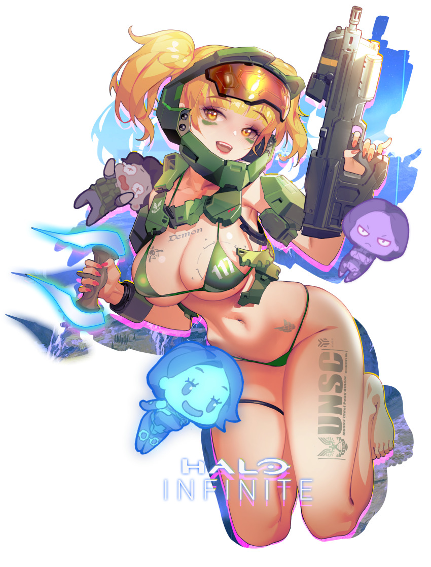 1boy 3girls absurdres adapted_costume assault_rifle assault_visor barefoot bikini blonde_hair breast_tattoo breasts brown_hair bullpup chest_tattoo cleavage collarbone copyright_name cortana crying fangs fernando_esparza frown genderswap genderswap_(mtf) green_bikini green_vest grey_pants gun halo_(series) halo_infinite helmet henry_davis highres holding holding_sword holding_weapon hologram leg_tattoo logo looking_to_the_side ma5 master_chief medium_breasts multiple_girls navel open_mouth orange_eyes pants pink_nails rifle smile stomach_tattoo swimsuit sword tattoo the_weapon_(halo_infinite) thigh_strap twintails type-1_energy_sword v-shaped_eyebrows vest weapon x_x