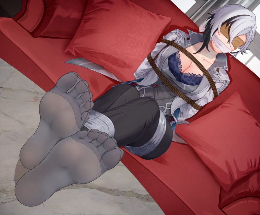 1girl absurdres arlecchino_(genshin_impact) arms_behind_back bdsm black_hair black_pants blindfold blue_bra bondage bound bra breasts cleavage cloth_gag commentary_request couch dutch_angle gag gagged genshin_impact grey_hair grey_jacket highres improvised_gag jacket large_breasts multicolored_hair no_shoes open_clothes open_jacket cloth_gag pants pantyhose pillow rope short_hair sitting solo streaked_hair tape underwear yuehei_dao