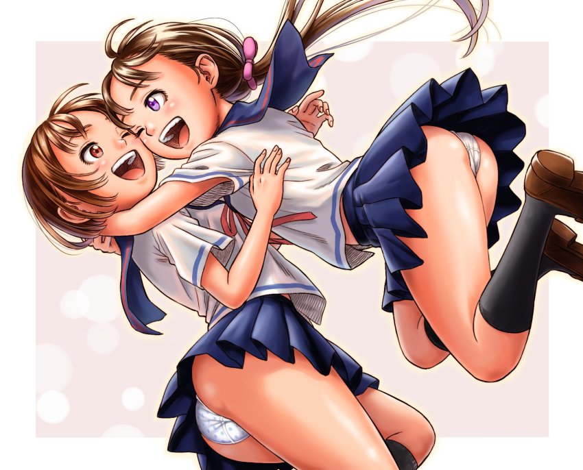 2girls ass ass_focus blue_eyes bow brown_eyes brown_hair colorized hair_bow highres hug jump jumping long_hair looking_at_another multiple_girls one_eye_closed open_mouth original panties pantyshot raised_eyebrows ribbon sailor_collar school_uniform serafuku shoes short_hair smile socks swimsuit thighs underwear wadachitokakeru wink