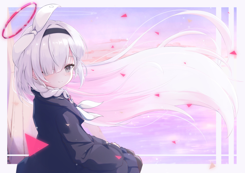 1girl absurdres black_coat black_eyes black_hairband black_pantyhose blue_archive blue_skirt blue_sky blush border bow closed_mouth cloud coat floating_hair grey_eyes hair_bow hair_over_one_eye hairband halo highres karupa_(karupapon) long_hair long_sleeves looking_at_viewer neckerchief outside_border pantyhose plana_(blue_archive) red_halo sailor_collar skirt sky smile solo very_long_hair white_border white_bow white_neckerchief