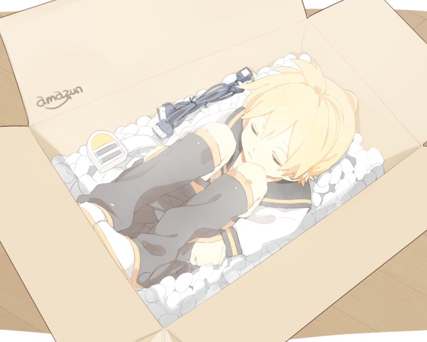 1boy 50off amazon_(company) bad_id bad_twitter_id blonde_hair box brand_name_imitation cable detached_sleeves closed_eyes fetal_position full_body headset headset_removed highres in_box in_container kagamine_len leg_warmers logo male_focus packing_peanuts sailor_collar shorts solo styrofoam vocaloid white_footwear wooden_floor