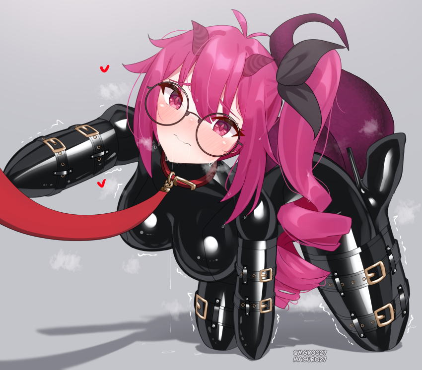 1girl absurdres bdsm bitchsuit black_bodysuit bodysuit bondage bondage_mittens bound breasts collar demon_girl demon_horns demon_tail drill_hair drill_ponytail glasses grey_background high_heels highres horns human_dog latex latex_bodysuit leash maguro27 medium_breasts original pet_play purple_eyes purple_hair round_eyewear shiny_clothes side_ponytail skin_tight slave solo sweat tail trembling viewer_holding_leash