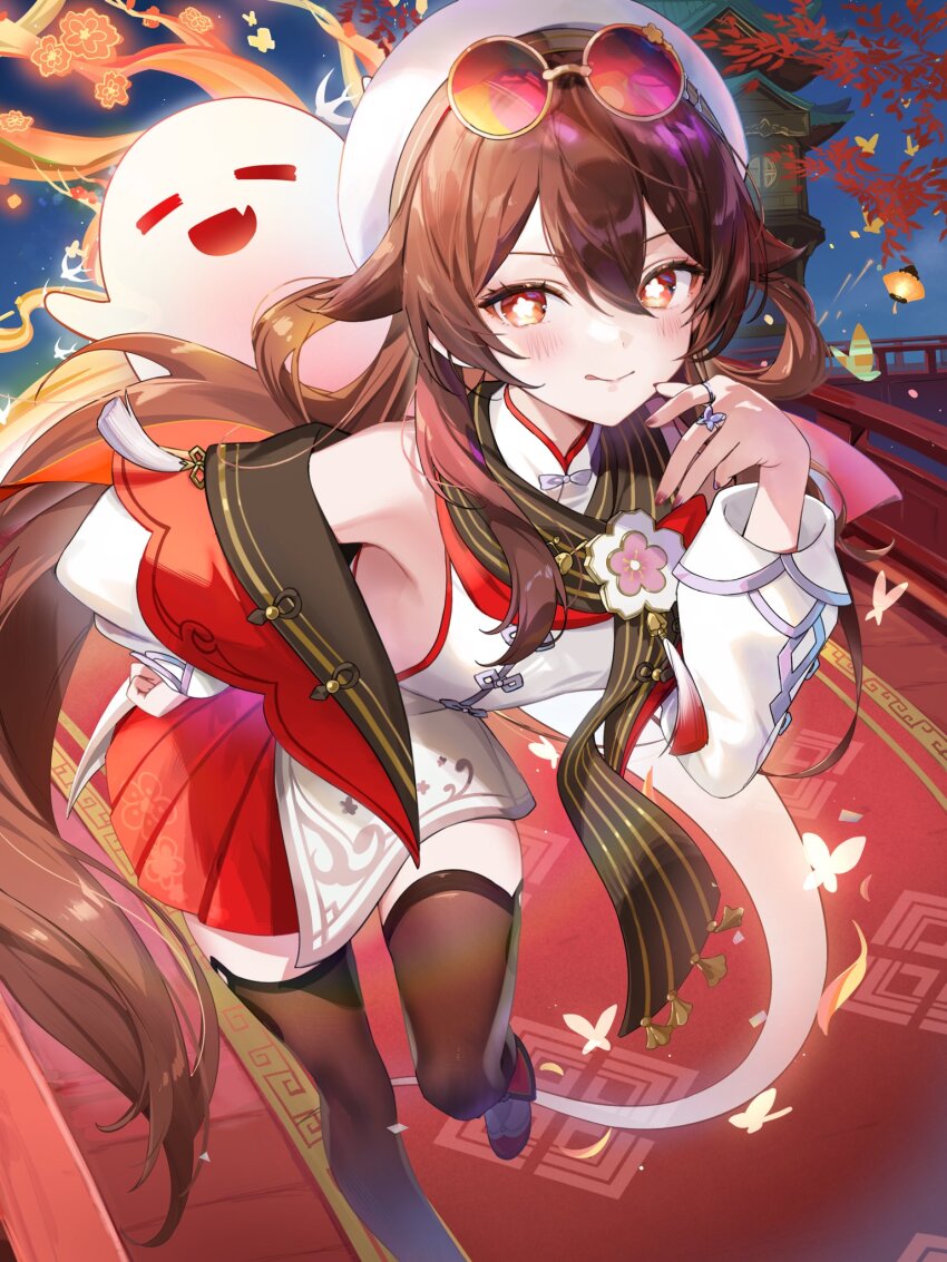 1girl boo_tao_(genshin_impact) brown_hair eyewear_on_head floating_hair flower-shaped_pupils genshin_impact ghost hand_on_own_hip hat highres hu_tao_(cherries_snow-laden)_(genshin_impact) hu_tao_(genshin_impact) leaning_forward long_hair long_sleeves looking_at_viewer masyu_jyaga official_alternate_costume outdoors red_eyes red_skirt skirt symbol-shaped_pupils thighhighs very_long_hair white_hat zettai_ryouiki