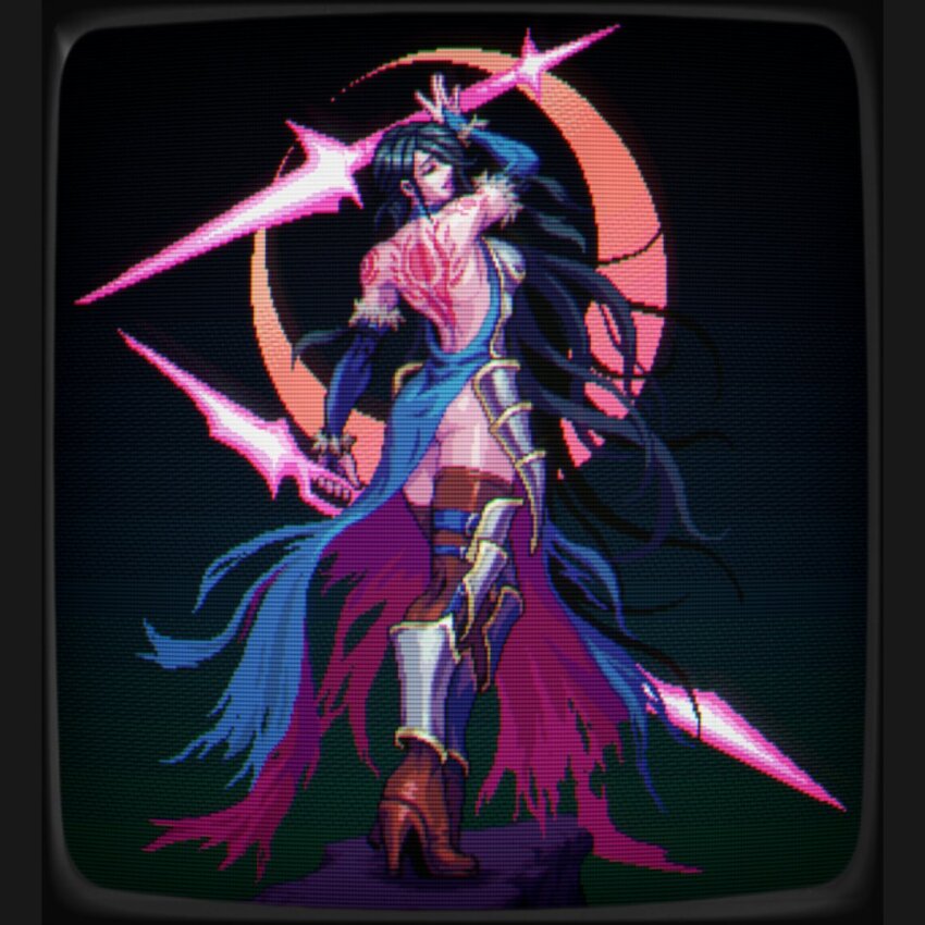 1girl armor ass asymmetrical_dual_wielding back_cutout back_tattoo backless_outfit bare_shoulders black_hair boots breasts bridal_gauntlets castlevania:_order_of_ecclesia castlevania_(series) clothing_cutout crescent_moon dress dual_wielding energy energy_spear energy_sword energy_weapon from_behind full_body gloves glowing high_heels holding konami large_breasts long_hair monitor moon night omegachaino pixel_art polearm scanlines shanoa_(castlevania) solo spear standing sword tattoo television thigh_boots thighhighs very_long_hair video_game weapon