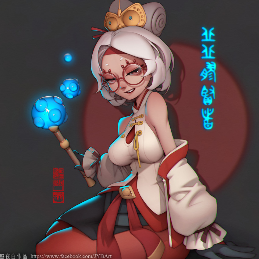 blowing_bubbles bodysuit brown_eyes eyewear_on_head hair_ornament hair_stick headband holding holding_wand hylian_(language) lab_coat nintendo pelvic_curtain purah red-framed_eyewear red_background red_bodysuit red_eyes the_legend_of_zelda the_legend_of_zelda:_tears_of_the_kingdom wand white_hair zhaoyebai