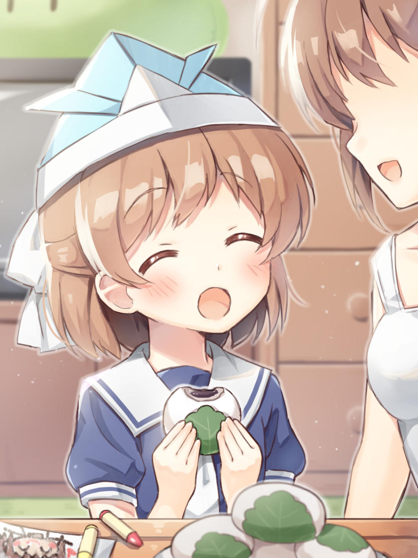 2girls blue_dress brown_hair clannad closed_eyes crayon dress eating food furukawa_nagisa haruchimo highres mochi mother_and_daughter multiple_girls okazaki_ushio paper_hat paper_kabuto sailor_collar sailor_dress sakura_mochi school_uniform serafuku short_hair solo_focus television wagashi white_dress white_sailor_collar