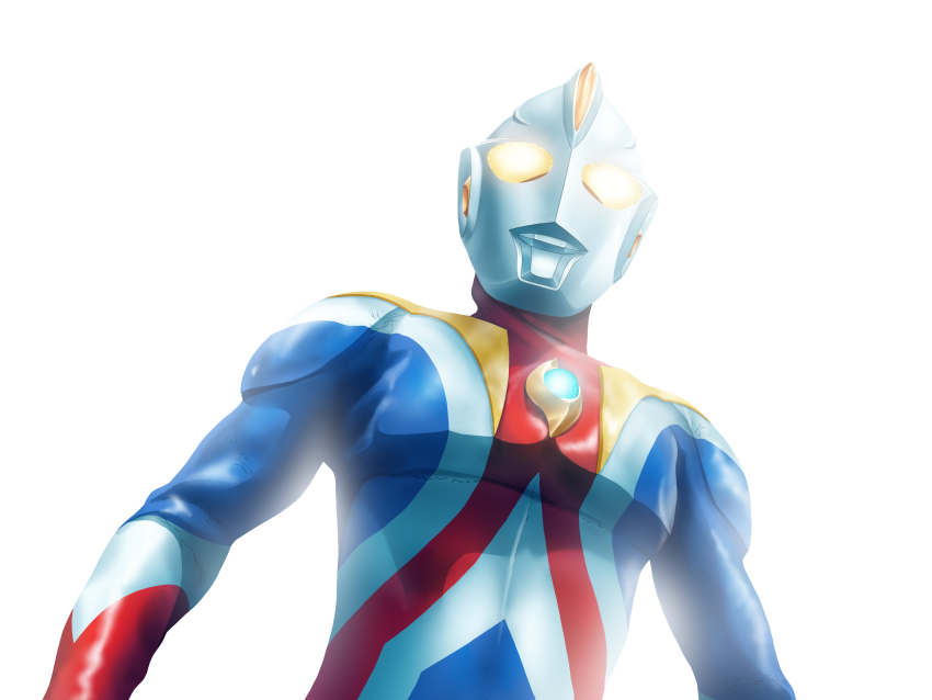 1boy absurdres alien color_timer commentary compound_eyes dorsal_fin dutch_angle glowing glowing_eyes highres looking_ahead male_focus muscular muscular_male overexposure pectorals simple_background solo standing tokusatsu ultra_series ultraman_cosmos ultraman_cosmos_(eclipse_mode) ultraman_cosmos_(series) upper_body white_background yellow_eyes yoshifuto
