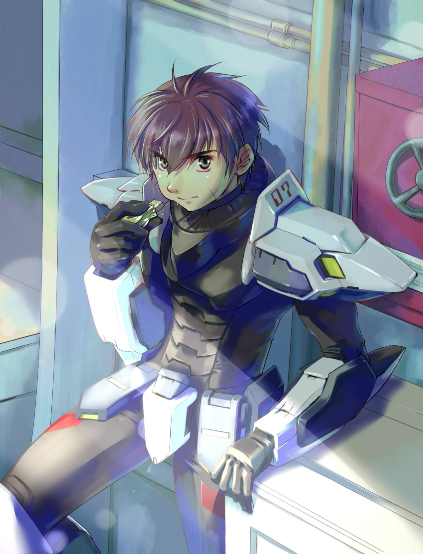 1boy absurdres armor arx-7_arbalest arx-7_arbalest_(cosplay) black_eyes black_gloves brown_hair cosplay eating facial_scar fantasia_re:build field_ration food full_metal_panic! gloves hair_behind_ear highres holding holding_food leaning_back lens_flare male_focus mecha_danshi official_art power_armor sagara_sousuke scar scar_on_cheek scar_on_face solo