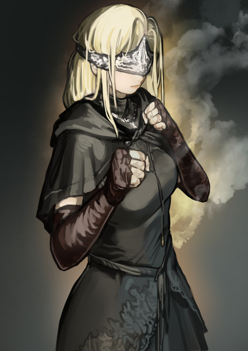 1girl absurdres arms_up black_background black_capelet black_dress blonde_hair breasts capelet clenched_hand closed_mouth commentary_request covered_eyes cowboy_shot dark_souls_(series) dark_souls_iii dress eye_mask fighting_stance fire_keeper highres large_breasts long_hair miao_jiangyou smoke solo standing