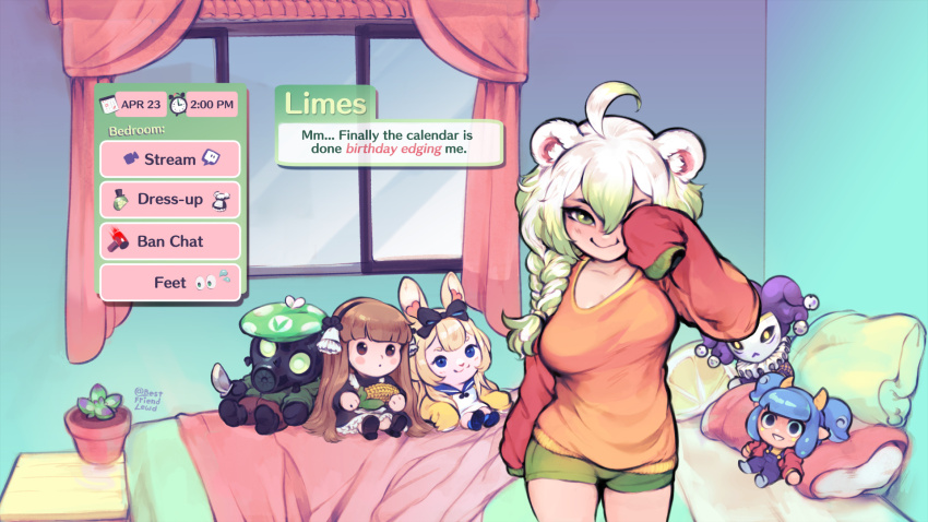 1girl animal_crossing animal_ears bed bedroom bestfriendforever blanket blonde_hair blue_eyes blue_hair braid breasts brown_hair character_doll commentary corn curtains doll english_commentary english_text ferret_ears ferret_girl ferret_tail food fruit gas_mask gradient_clothes green_eyes green_hair green_shorts hackerling hat highres horns indie_virtual_youtuber jabroni_mike k3lly laimu_(vtuber) large_breasts lime_(fruit) lime_slice long_hair long_sleeves mask monster_girl multicolored_hair nintendo original pillow purple_hat rabbit_ears revscarecrow sexually_suggestive shorts stuffed_toy tentacle_hair vinesauce virtual_youtuber waking_up white_hair window yenko_(vtuber)
